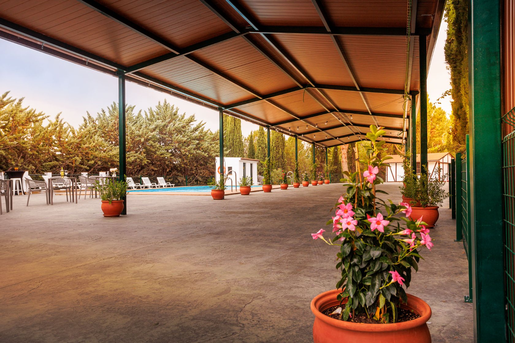 Celebración bajo la pérgola con flores